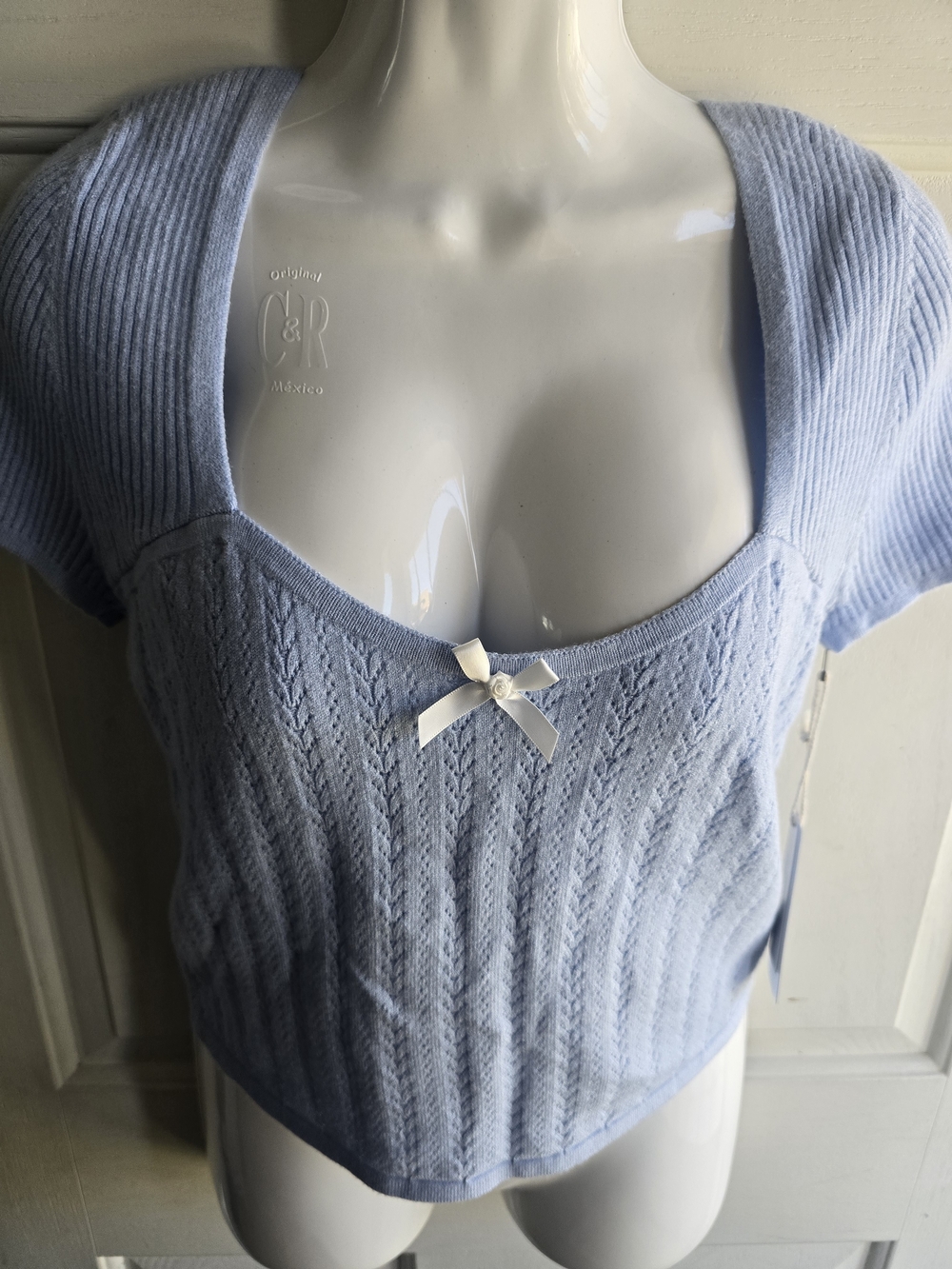 Light Blue Knit Scoop Neck Top with Bow